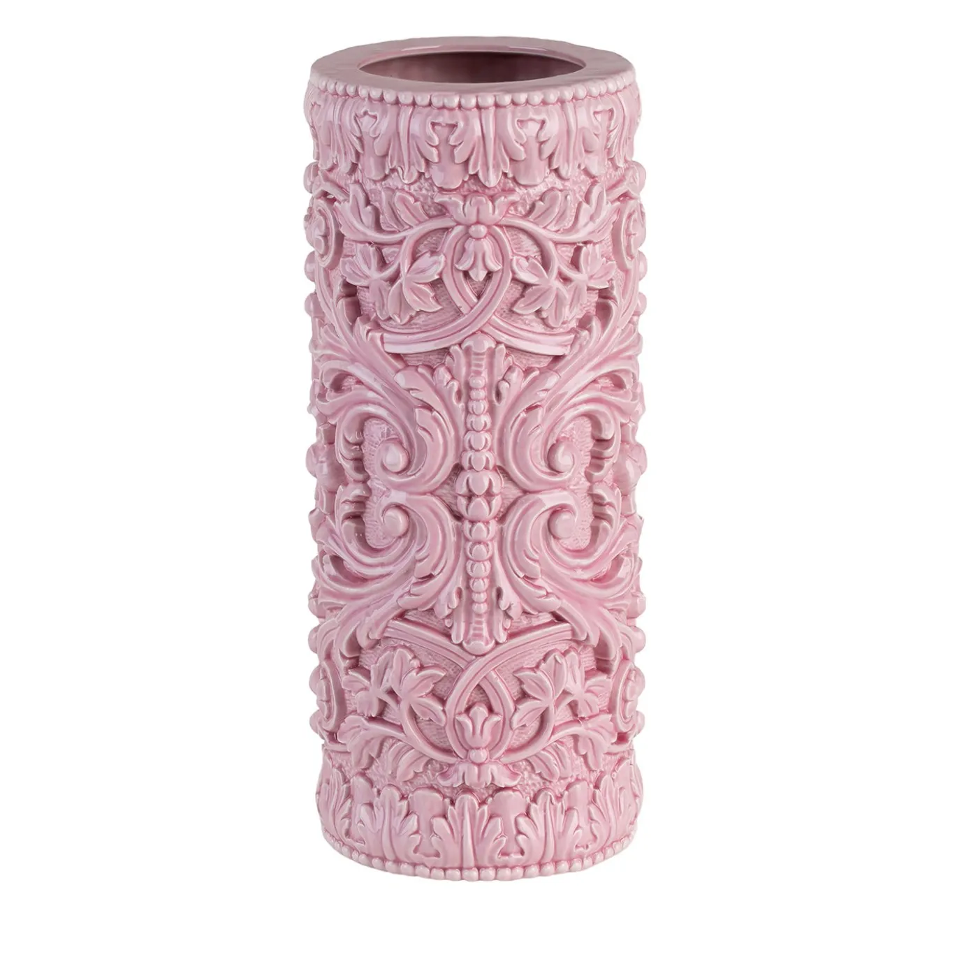 Vaso cilindrico barocco alto in ceramica rosa