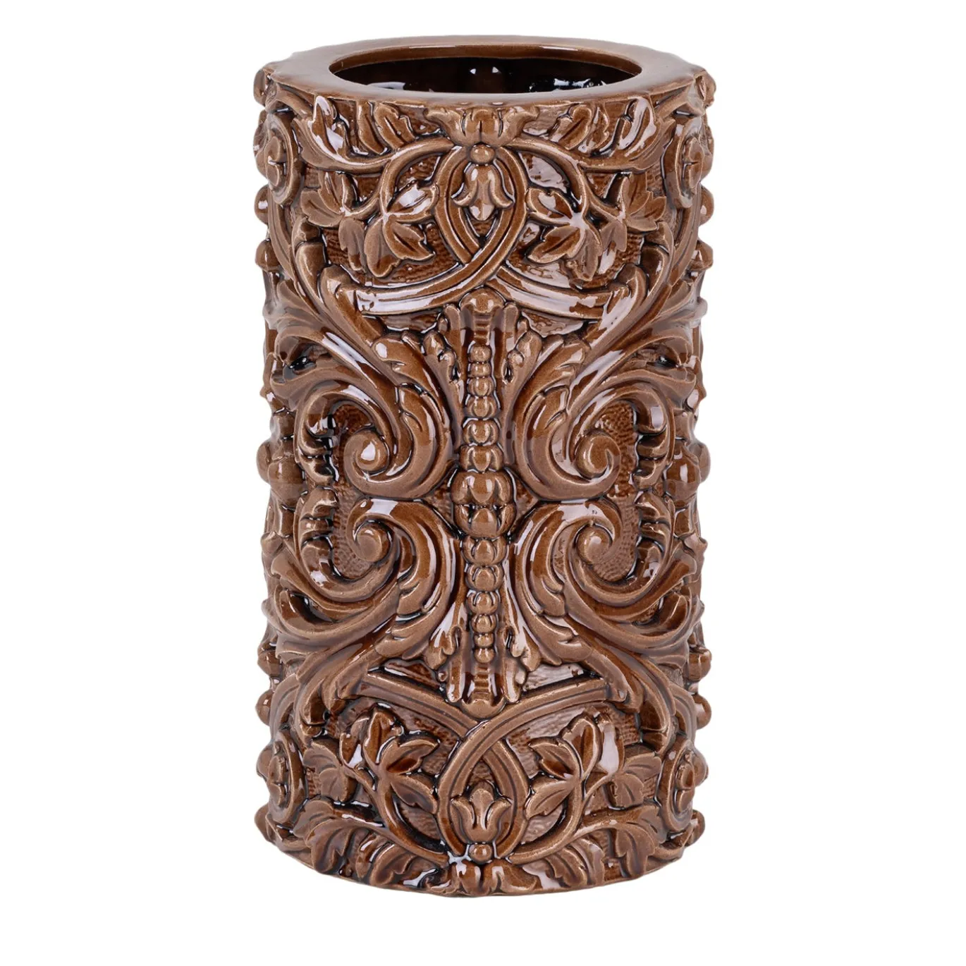Vaso cilindrico barocco medio in ceramica marrone