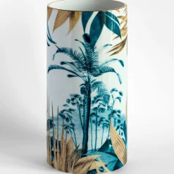 Vaso cilindrico in porcellana Las Palmas con palma e foglie