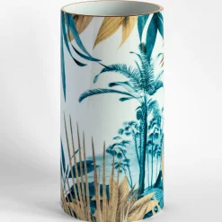 Vaso cilindrico in porcellana Las Palmas con palma e foglie