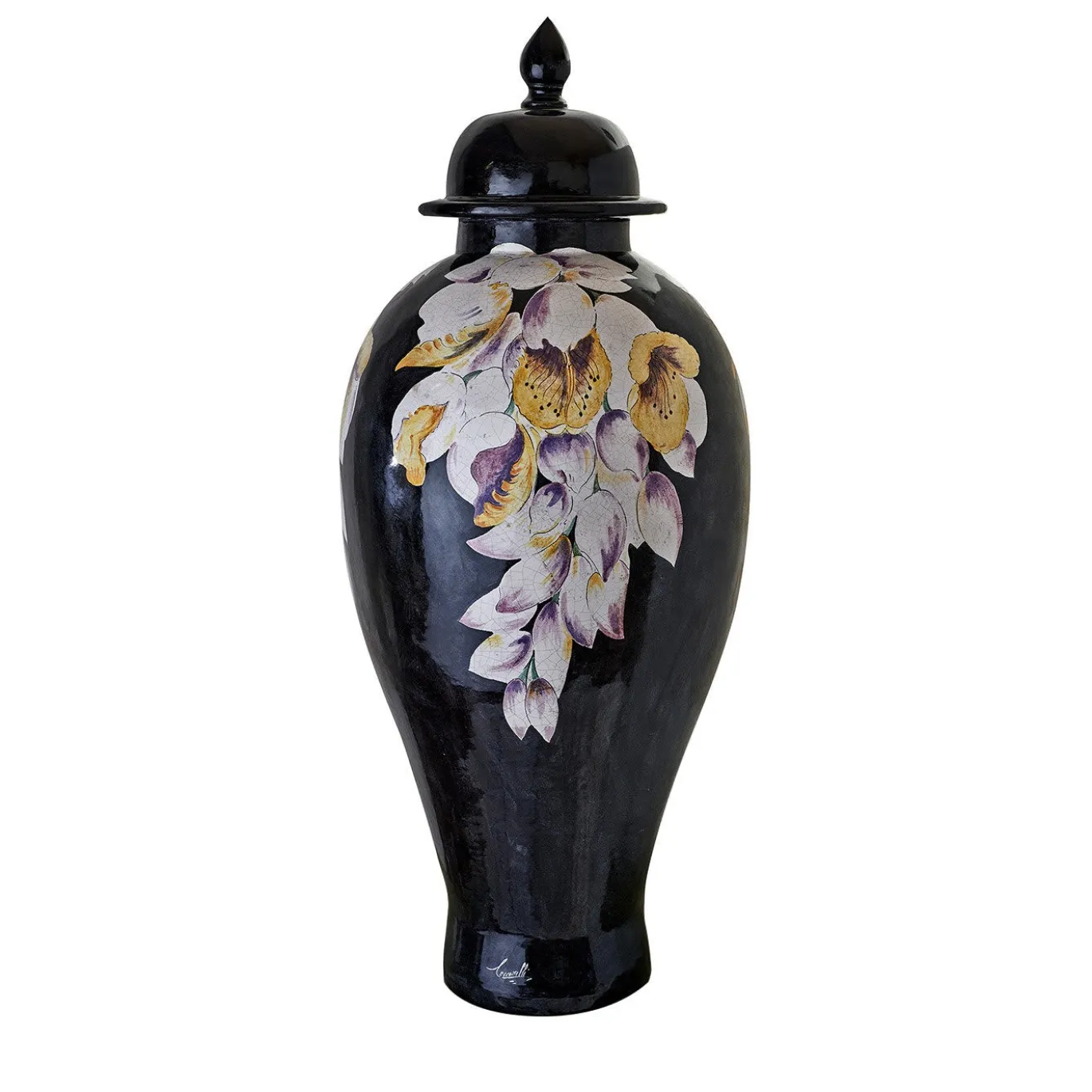 Vaso con coperchio Clyde con decoro orchidee viola