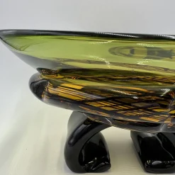 Vaso decorativo a coppa Torciglione in vetro di Murano verde e ambra