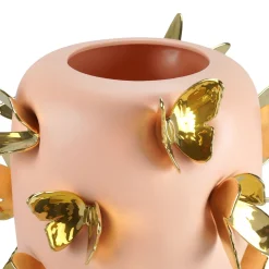 Vaso decorativo Alidoro con farfalle dorate in ceramica pesca