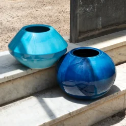 Vaso Geometrico Sfera in Ceramica Blu Antico