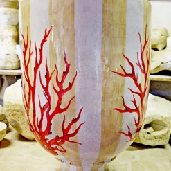 Vaso in Ceramica con Base a Righe Corallo Anemone