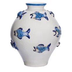 Vaso in ceramica con pesci blu in rilievo