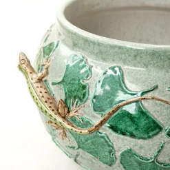 Vaso In Ceramica Lucertole Con Ginkgo