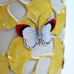 Vaso In Ceramica Policroma Ginkgo Farfalle
