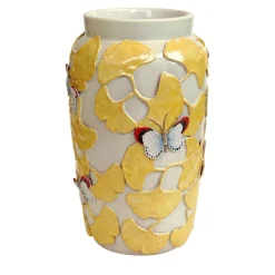 Vaso In Ceramica Policroma Ginkgo Farfalle