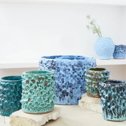 Vaso in Ceramica Tubone Serie Onda Blu Leggero e Bronzo Liquido
