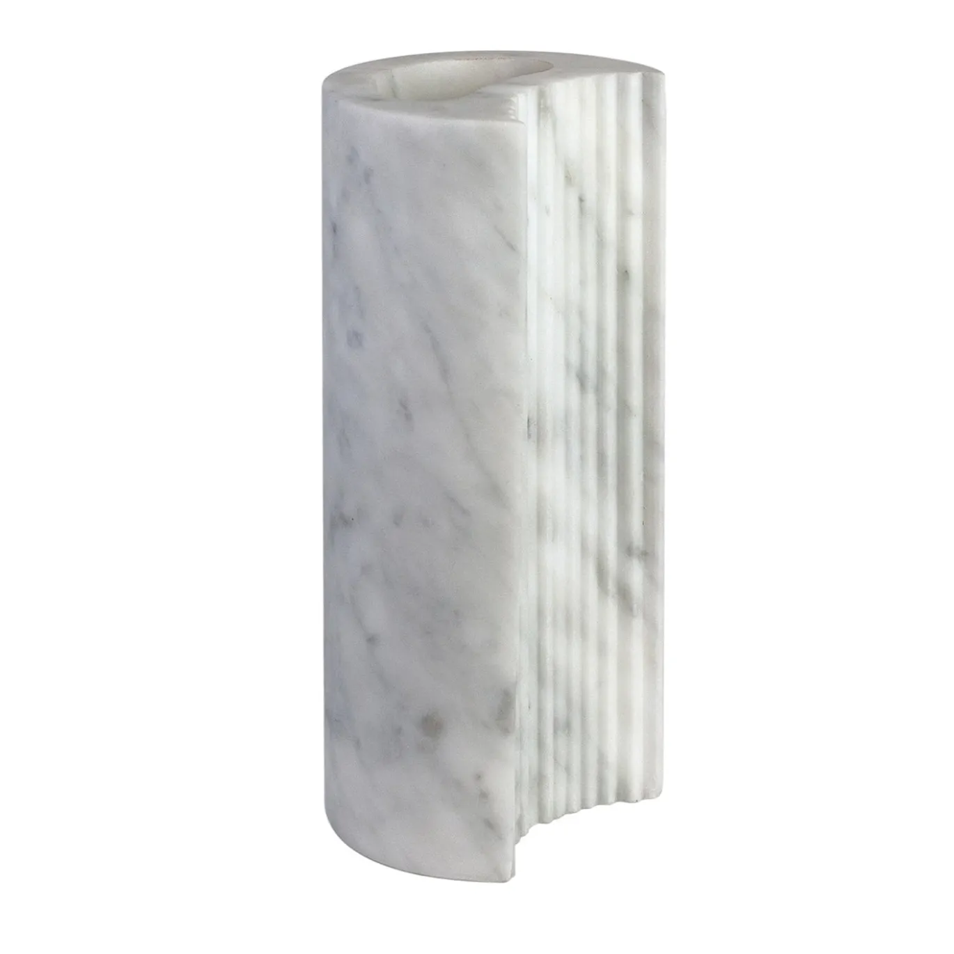 Vaso in marmo bianco satinato Carrara a strisce in rilievo