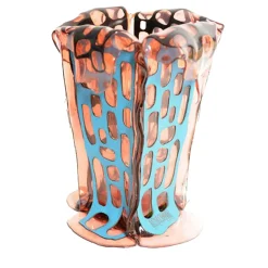 Vaso medio Sagarana in pelle rosa chiaro e turchese
