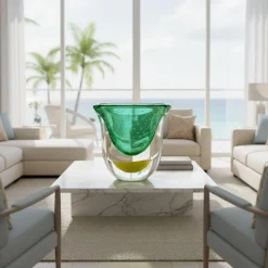 Vaso scultoreo in vetro di Murano verde e giallo Gran Sommerso