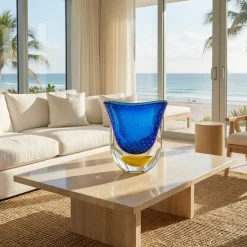 Vaso scultoreo in vetro di Murano Gran Sommerso blu e giallo