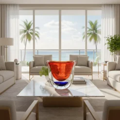Vaso scultoreo in vetro di Murano rosso e blu Gran Sommerso
