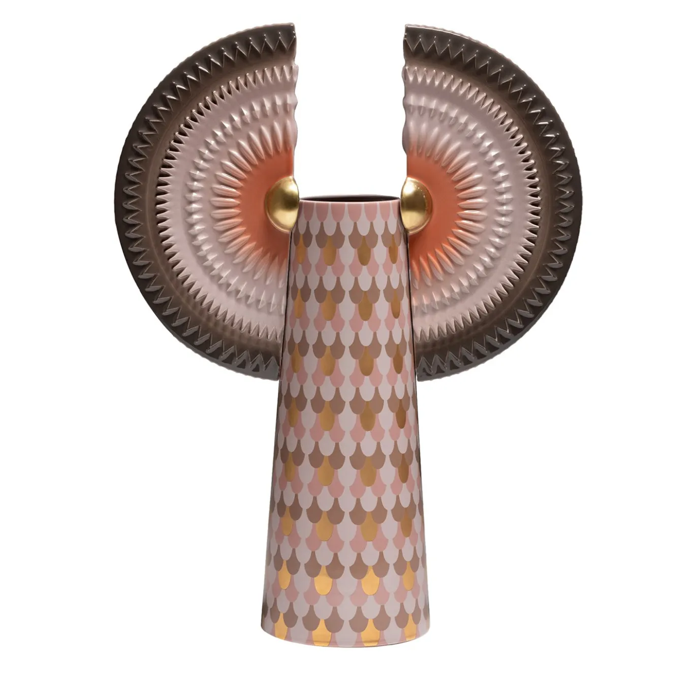 Vaso Solar Disc Bird with Wings in ceramica marrone e rosa di Sara Ricciardi