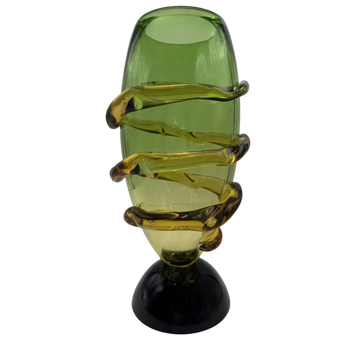 Vaso Torciglione in vetro di Murano verde e ambra con base in vetro nero