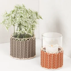 Wideville Portacandele in pelle e rattan - Arancione Piccolo