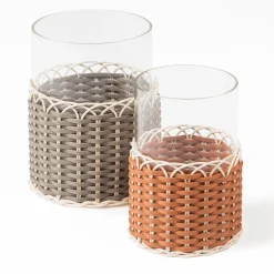 Wideville Portacandele in pelle e rattan - Beige Piccolo