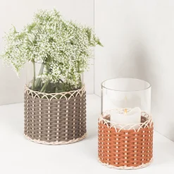 Wideville Portacandele in pelle e rattan - Beige Piccolo