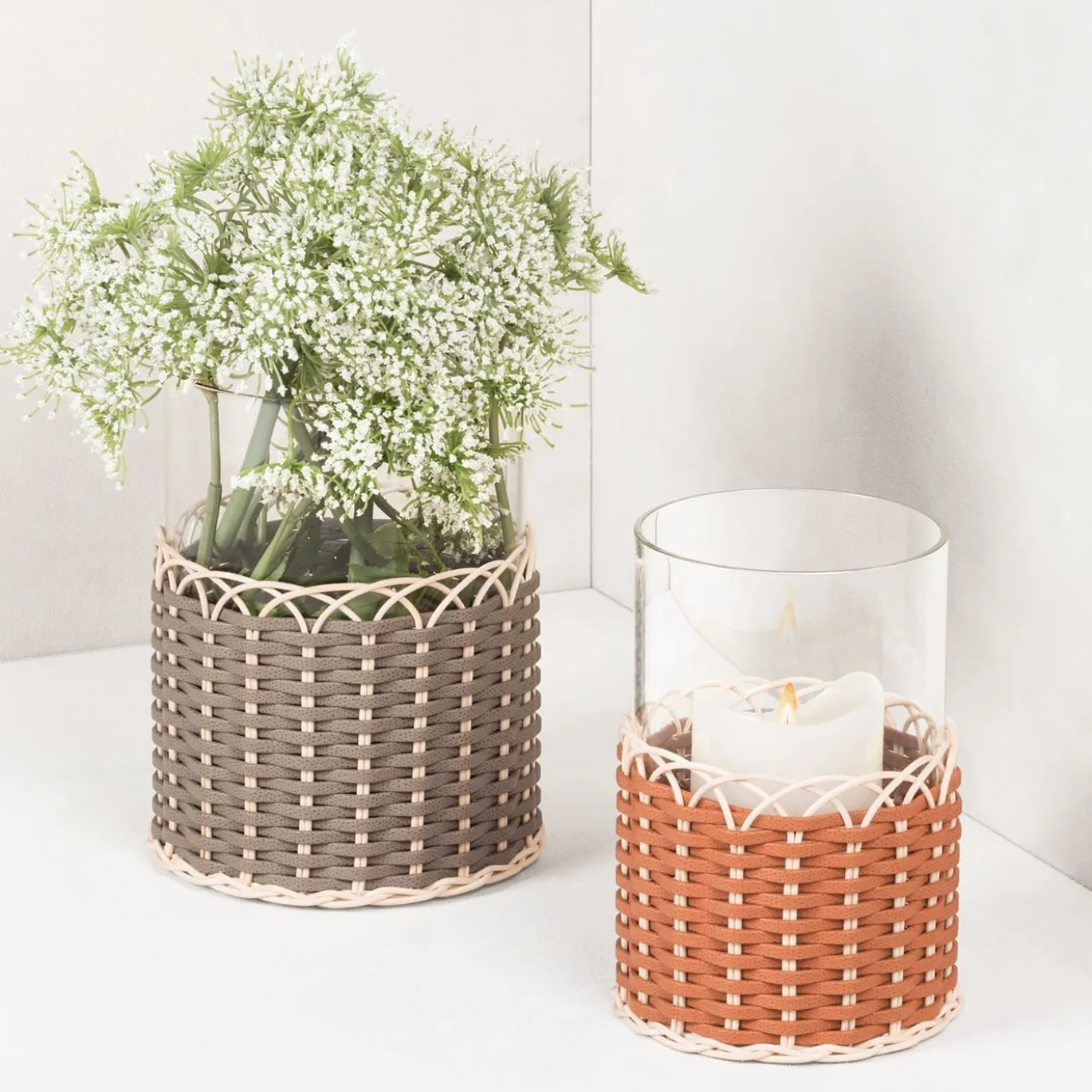 Wideville Portacandele in pelle e rattan - Beige Piccolo